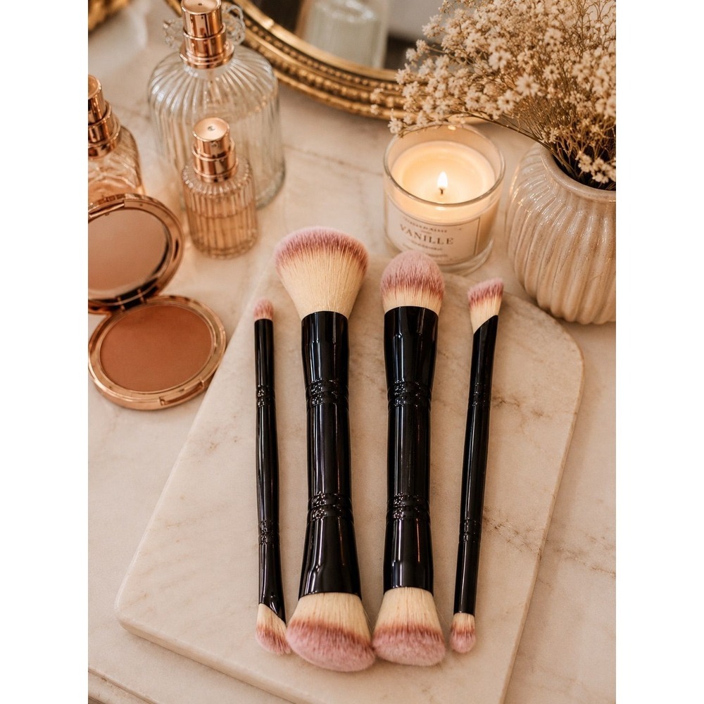 Dual Ended Makeup Brush Set Soft Synthetic Beauty Brushes Black Handle